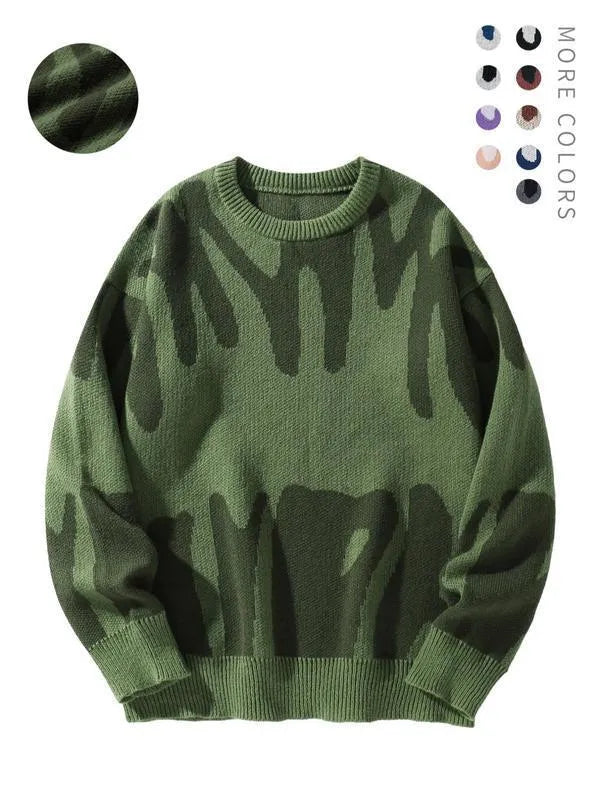 Men's casual knit sweater in green, loose-fit pullover with long sleeves, modal and rabbit hair blend