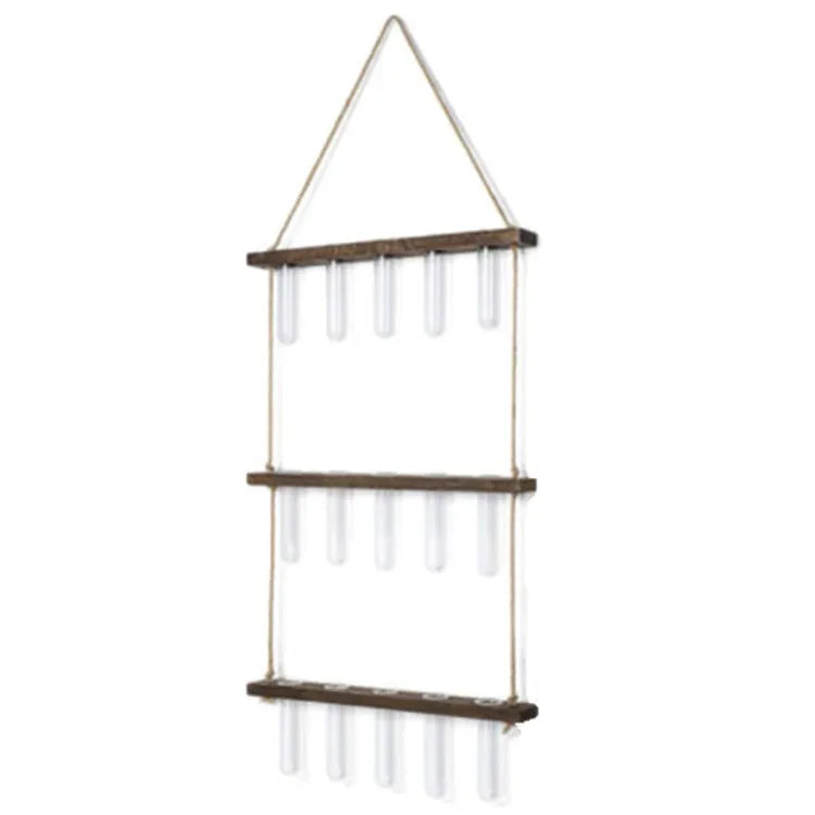 Three-layer 15-tube hydroponic wall hanging vase in retro colour with borosilicate glass and wooden frame