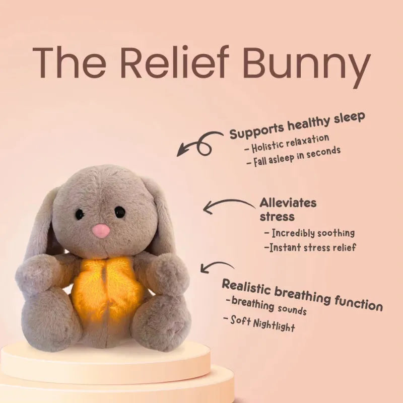 Breathing rabbit plush toy with moving belly showing rhythmic breathing motion for baby comfort