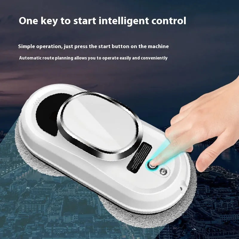 White full-automatic high-altitude window cleaning robot with remote control on a table.