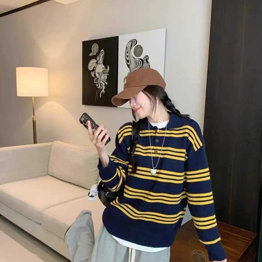 Loose-fit yellow striped polyester pullover sweater for women, average size 40-70kg