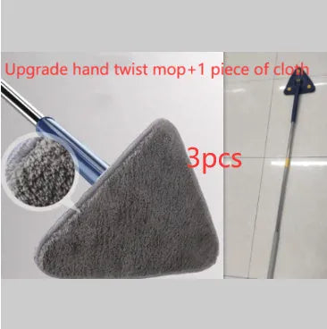 Extendable triangle mop with rotating blue head and adjustable stainless steel pole for corner cleaning