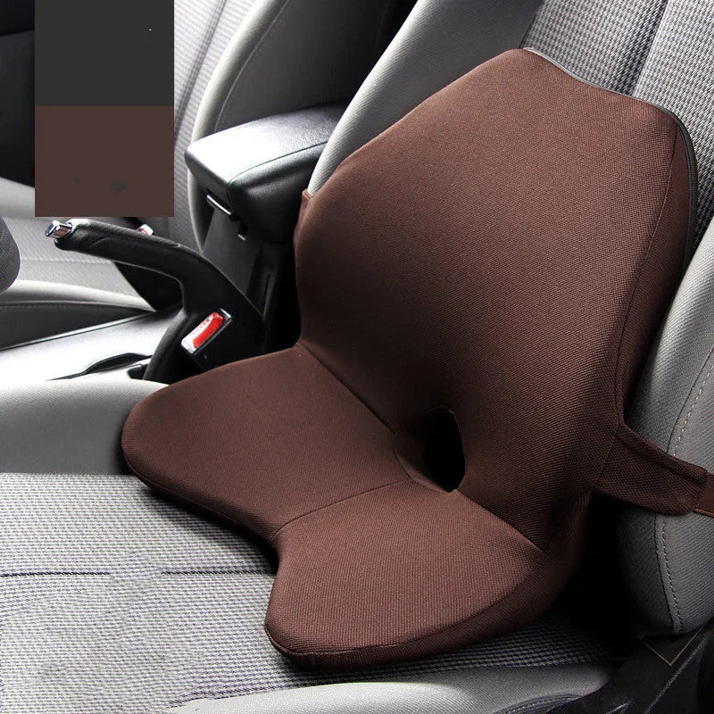 Car lumbar support cushion with memory foam, shown in beige colour, alongside a matching headrest option.