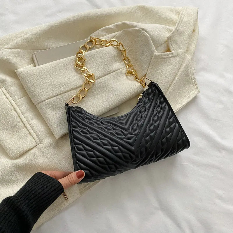 Brown pleated chain shoulder bag with square shape and adjustable metal strap