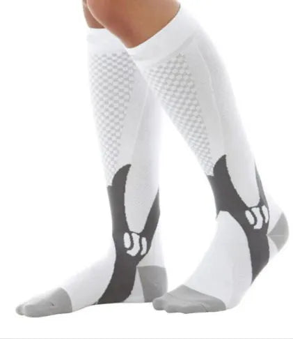 Graduated compression socks for men and women in black, shown in S/M, L/XL, and XXL sizes.