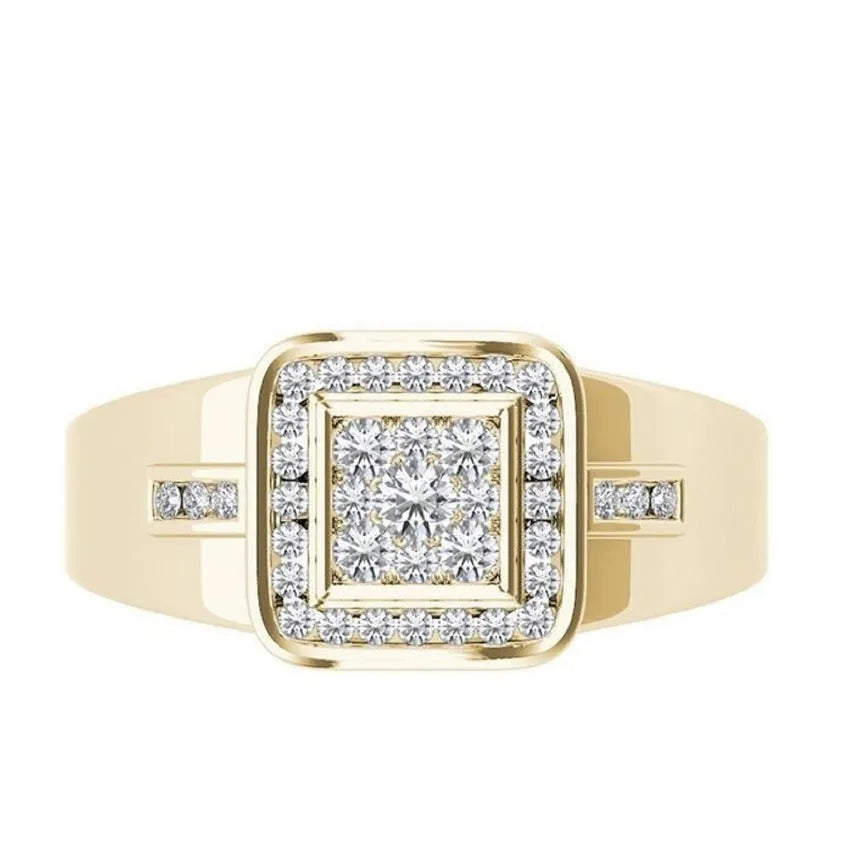 Gold plated men's alloy geometric ring on a light background