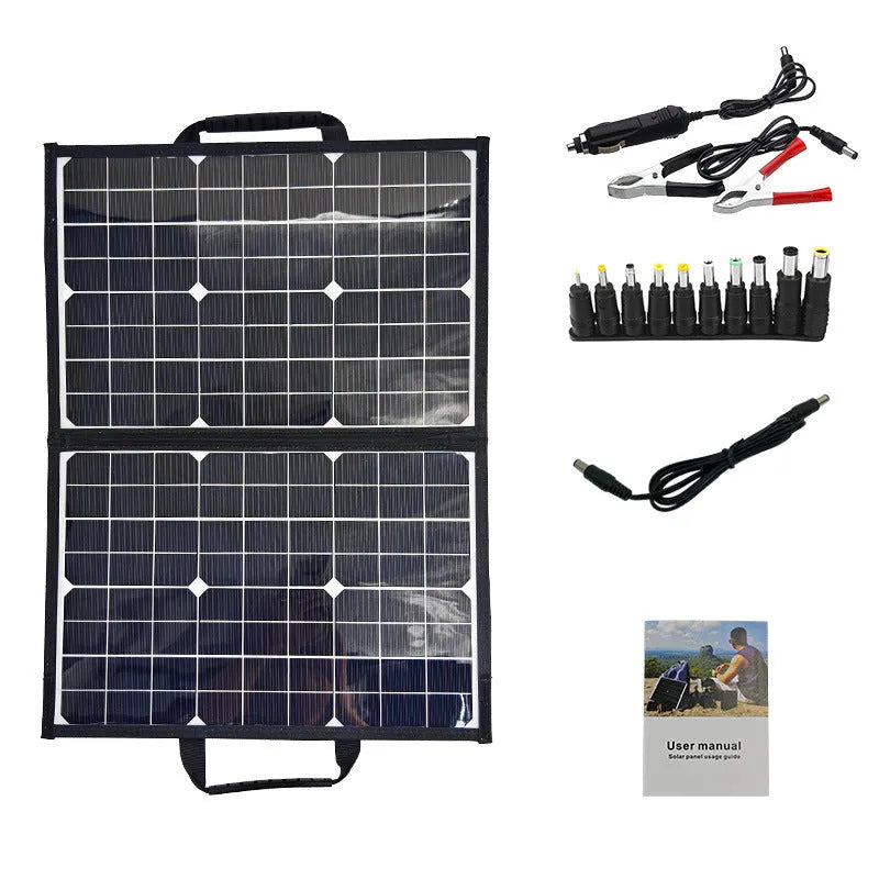 Black fabric folding bag containing a 40W single crystal solar panel, shown folded to its 42.5cm by 28.5cm size.