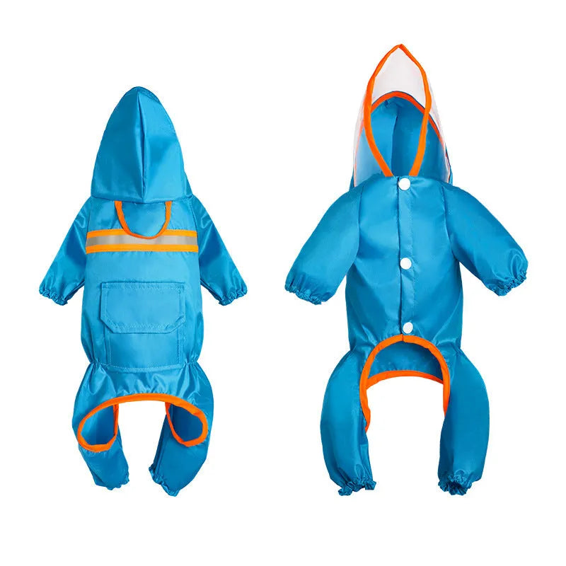 Pet reflective raincoat in orange on a small dog with reflective strip visible on the back