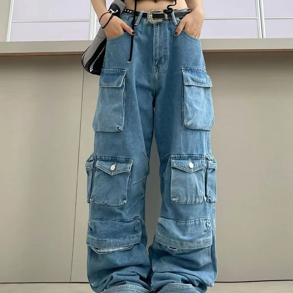 Women's tie-dyed wide leg high waist trousers with multiple pockets in street hipster style
