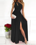 Women's one shoulder cocktail maxi dress in soft fabric with high split and cutout design.