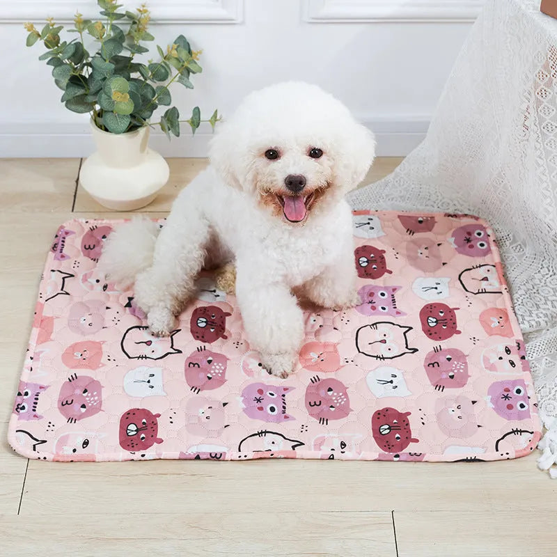 Reusable waterproof pet training pad showing animal print design options and size variations