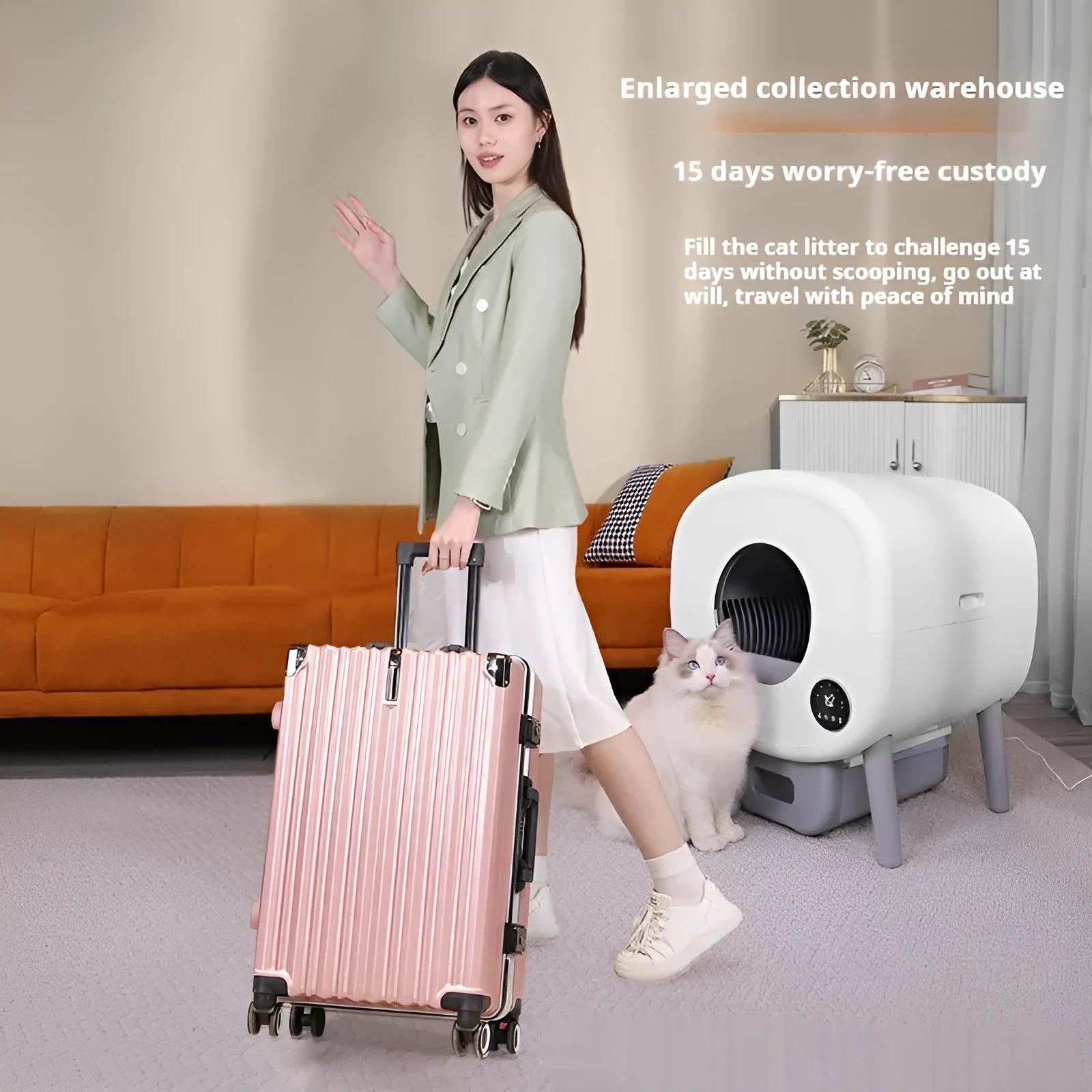 White automatic self-cleaning cat litter box with dimensions 550mm wide by 645mm high