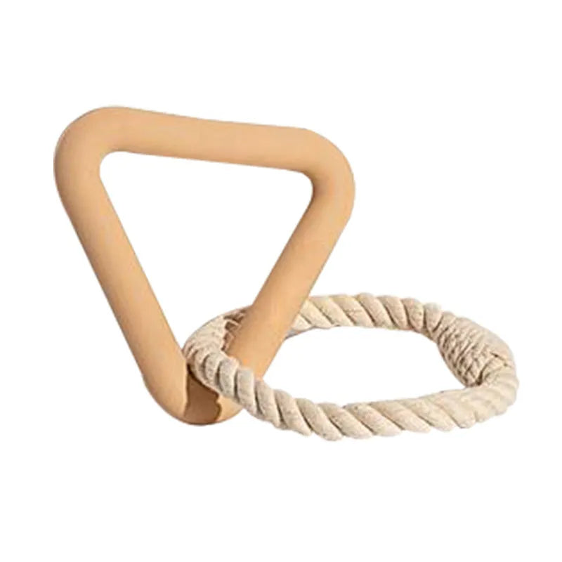 Large triangular pet pull ring toy made from cotton rope in beige, pink, or purple colour.