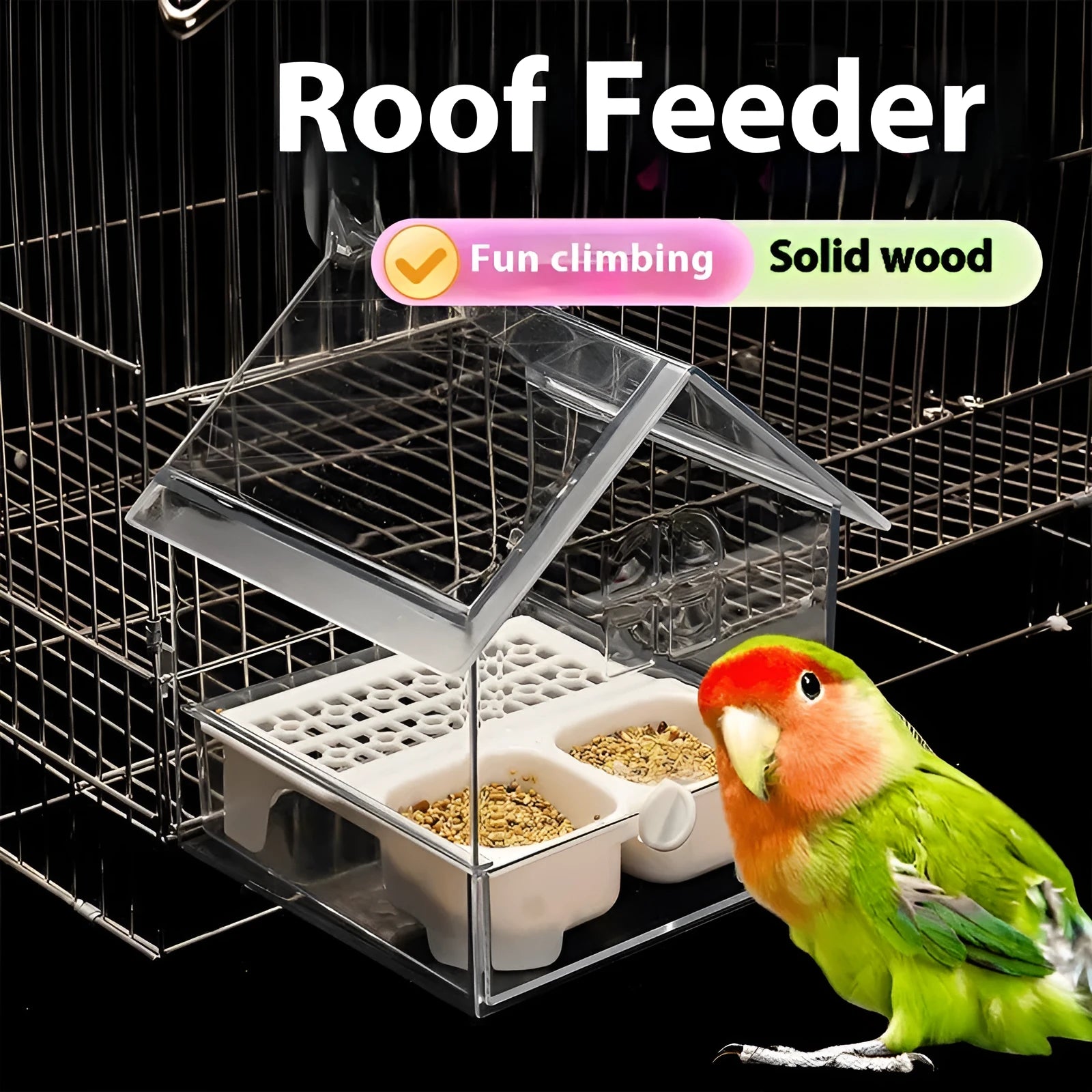 Transparent Peony Parrot Feeder Villa with green roof for outdoor garden bird feeding station