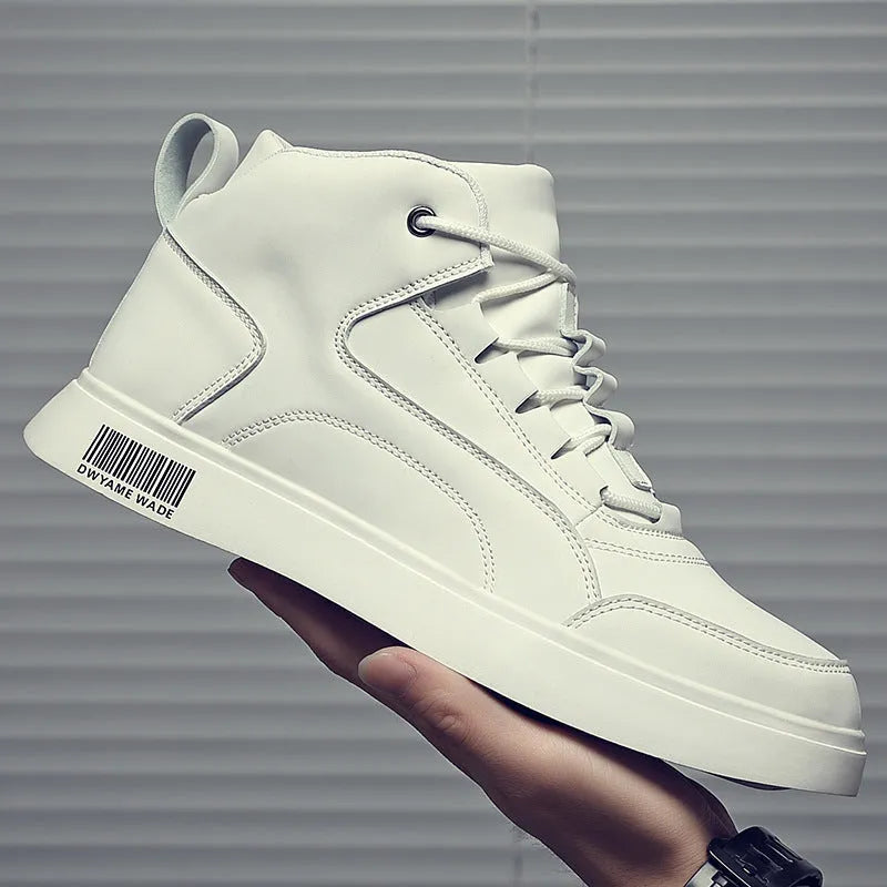 Men's white mid-top casual lace-up board shoes with a round toe and flat rubber sole.