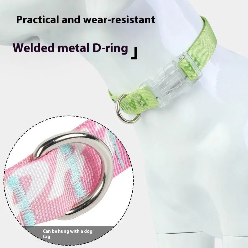 Adjustable nylon dog collar with cartoon gradient print and metal D-ring on a green background.