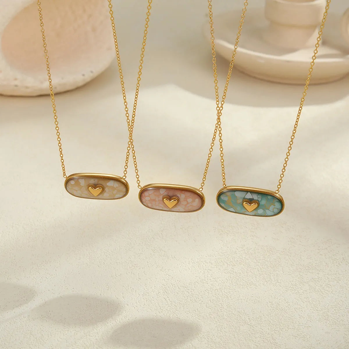 Love heart-shaped oil dripping 18K gold plated stainless steel necklace on adjustable chain, green colour variant