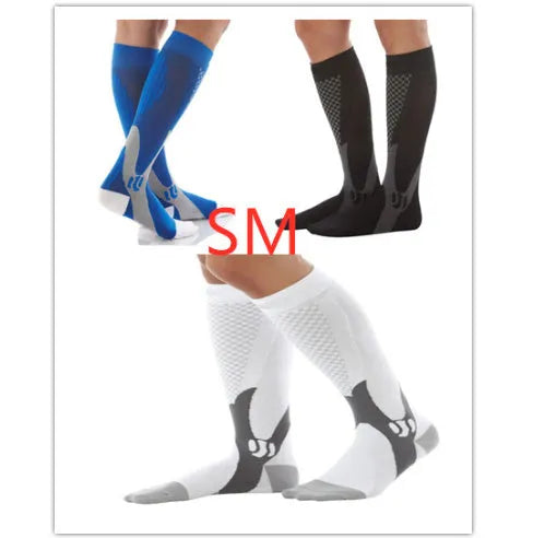 Graduated compression socks for men and women in black, shown in S/M, L/XL, and XXL sizes.