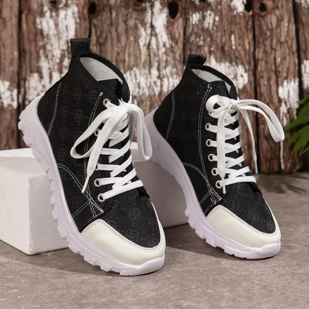 Women's rose-print lace-up canvas boots with round toe, flat heel, mid-tube design and non-slip thick sole