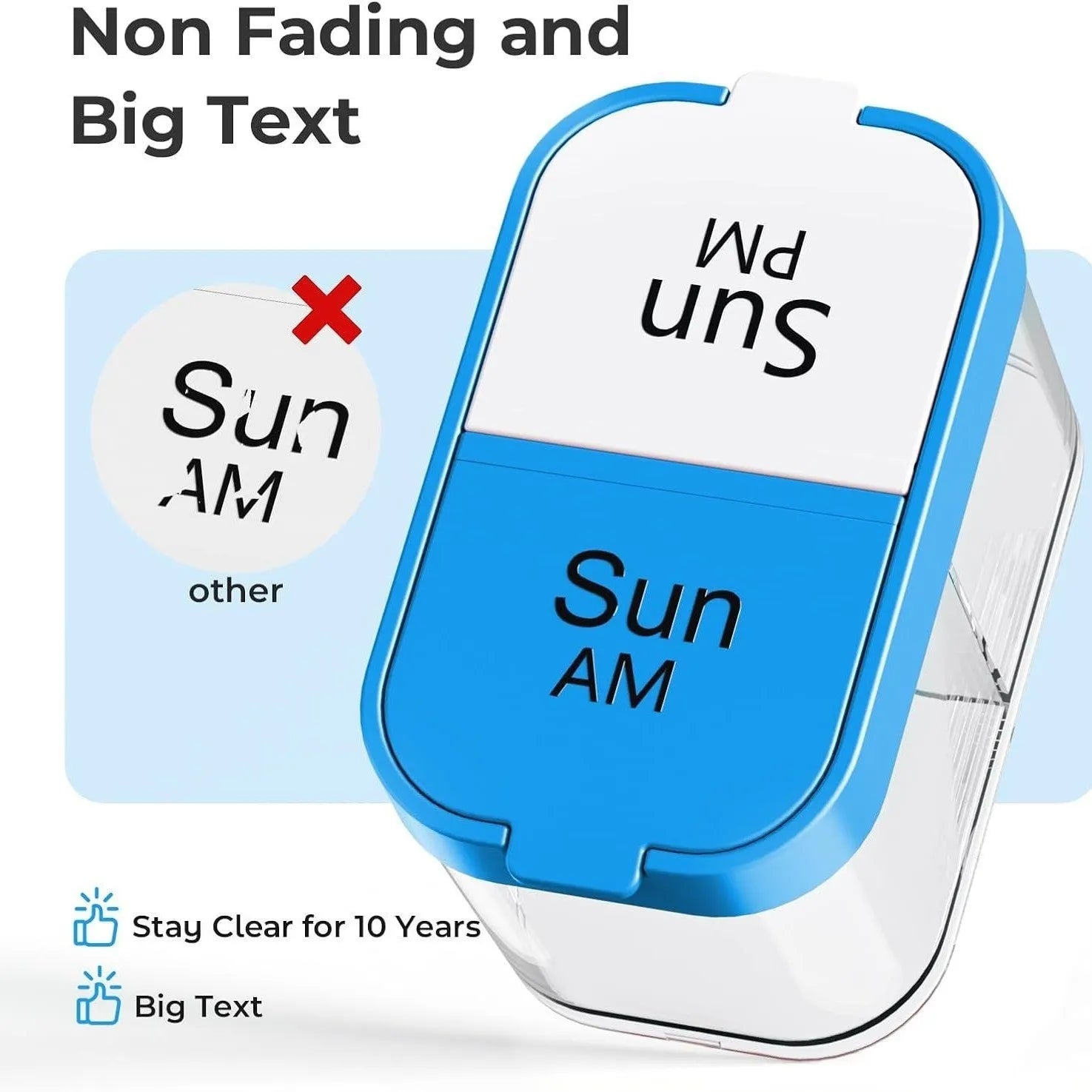 Extra large white and rainbow colour plastic pill organiser box with removable sections, shown with lid open.
