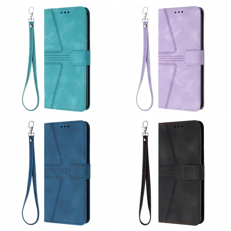 Flip card leather case for Samsung S24 Ultra in blue with embossed geometric lines and short hand strap