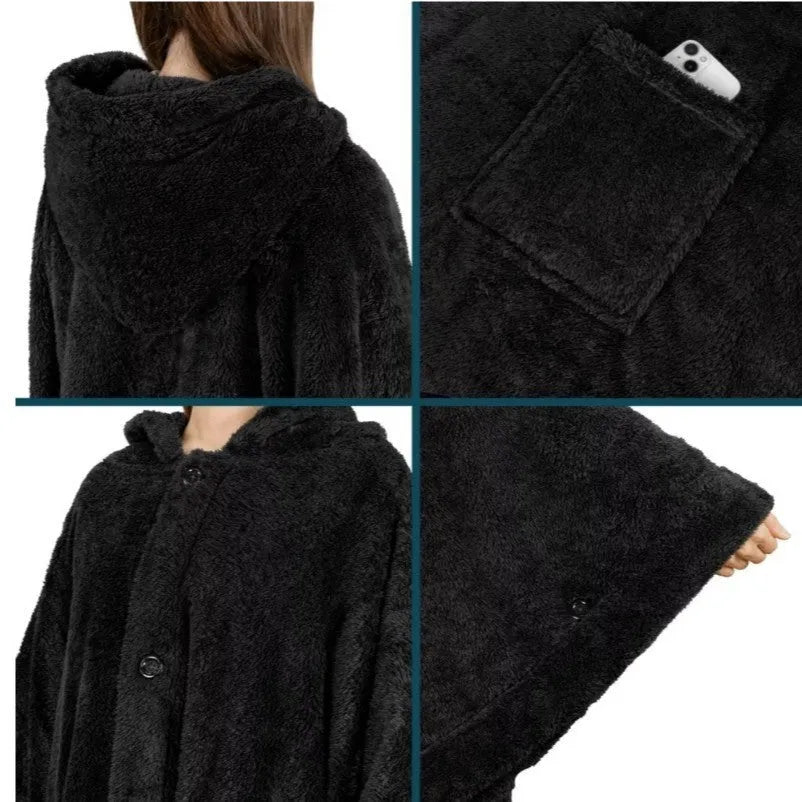 Thick hooded polyester bathrobe in black, shown in a long sleeve cardigan style.