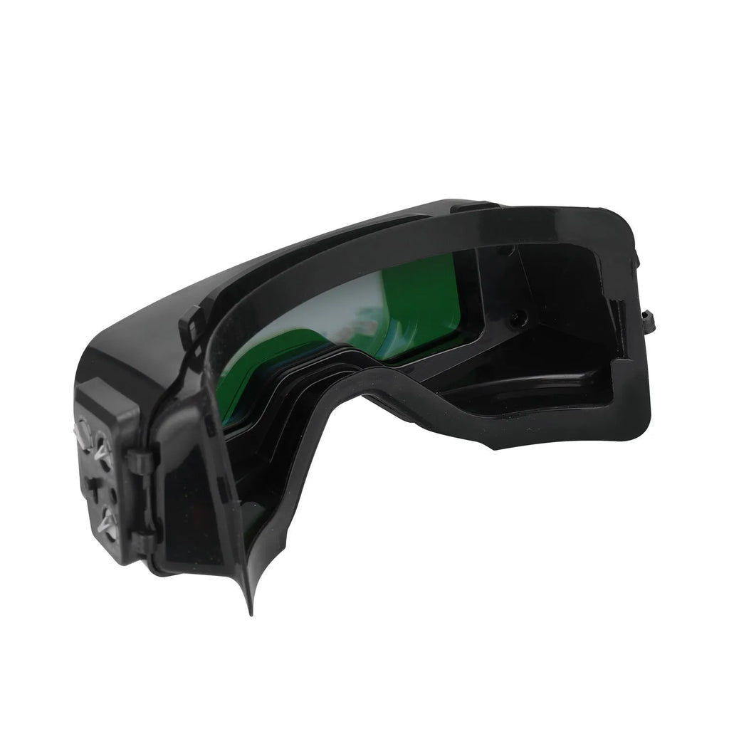 Black automatic darkening welding mask with protective headwear and a large rectangular viewing lens.