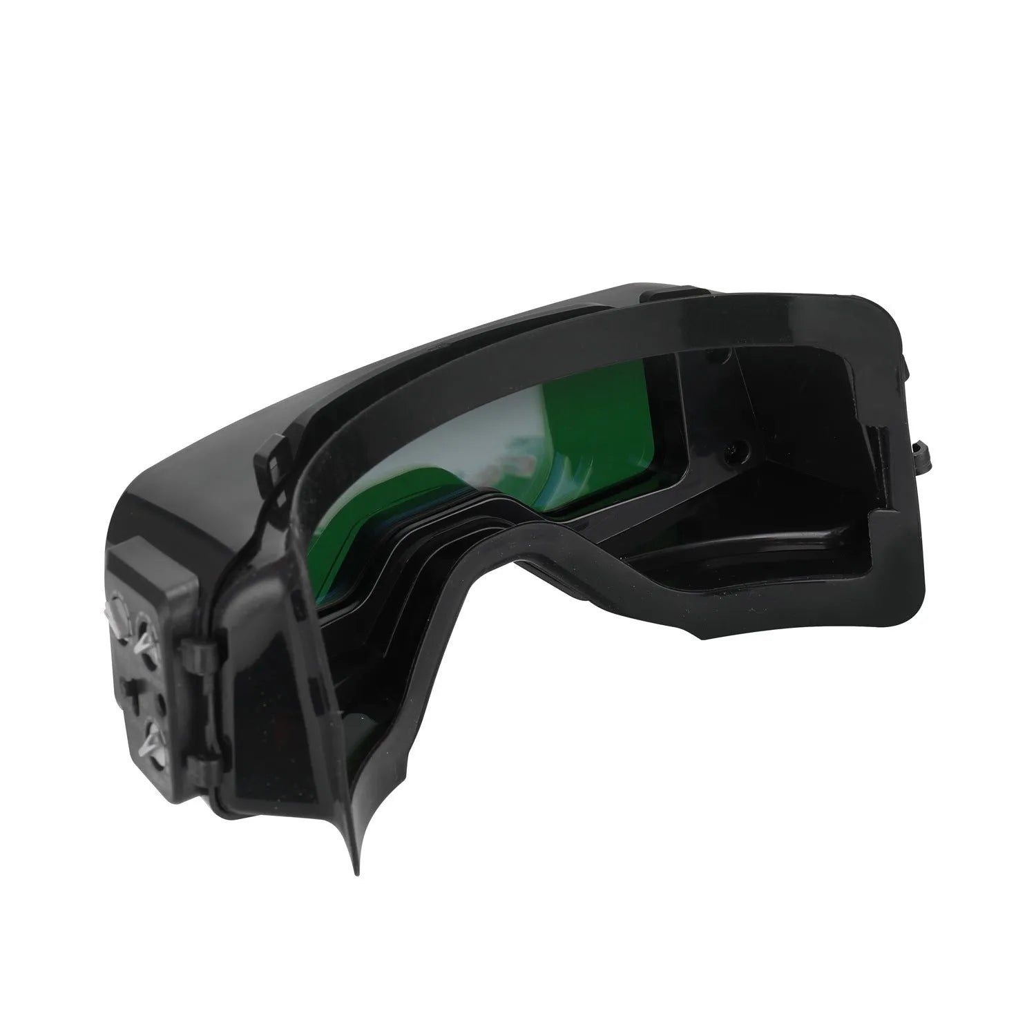 Black automatic darkening welding mask with protective headwear and a large rectangular viewing lens.