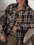 Women's dark brown striped retro shirt with long sleeves and cotton fabric