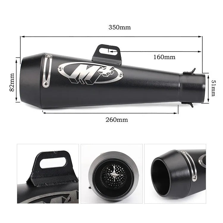 Universal M4 motorcycle exhaust pipe in stainless steel, shown in black finish with welded mounting brackets.
