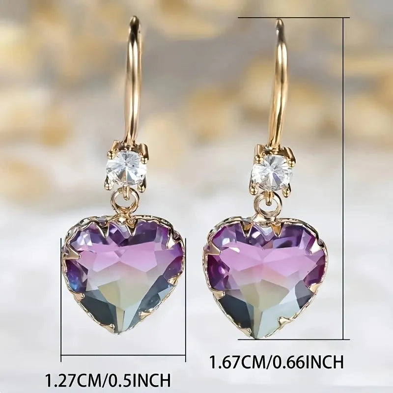 Women's fashion heart earrings in coloured glass with blue, yellow, purple and red colour options
