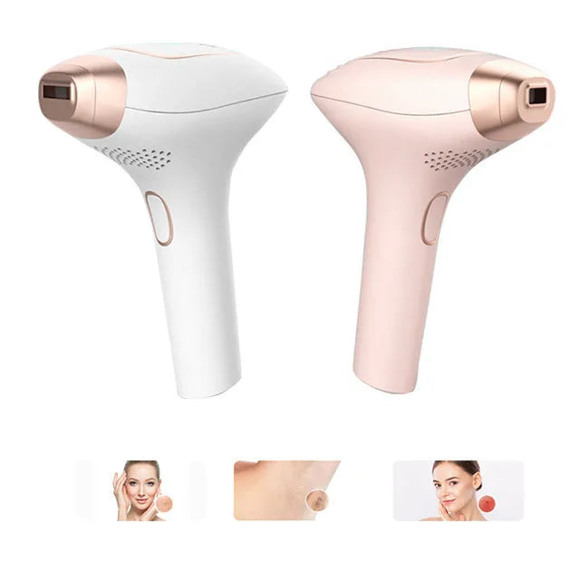 Pink and white three-in-one ice-sensing laser hair removal device with shaver attachment