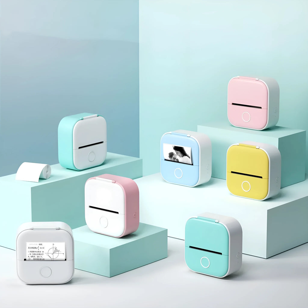 Mini pink Bluetooth thermal printer with rabbit ear protective case and USB cable on a table.