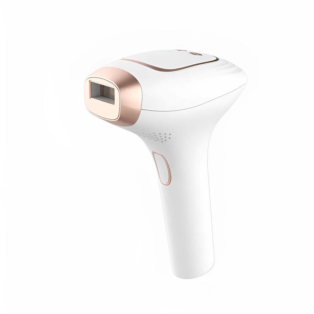 Pink and white three-in-one ice-sensing laser hair removal device with shaver attachment