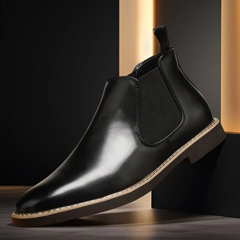 Men's black leather-look work boots with square heel and rubber sole shown in mid-calf design