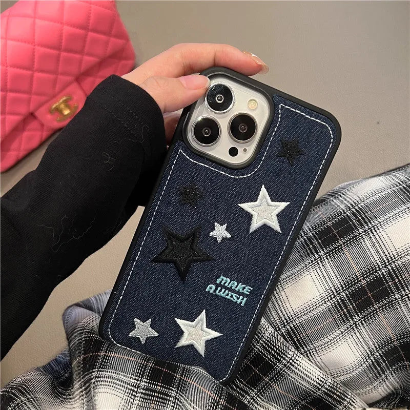 Cowboy embroidery star phone case protector in denim blue for iPhone