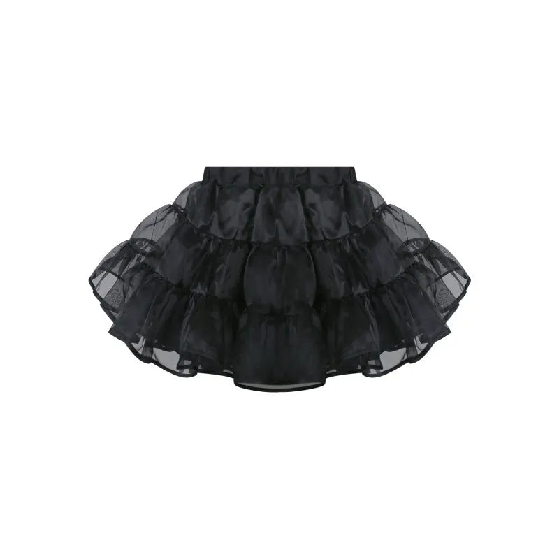 Black polka dot cami top with matching suspender skirt and crinoline, women's girly style set in XS S M