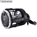 Black right-hand trolling fishing reel for saltwater, metal body, 3.8:1 gear ratio, star drag, 8.2 x 9.2cm