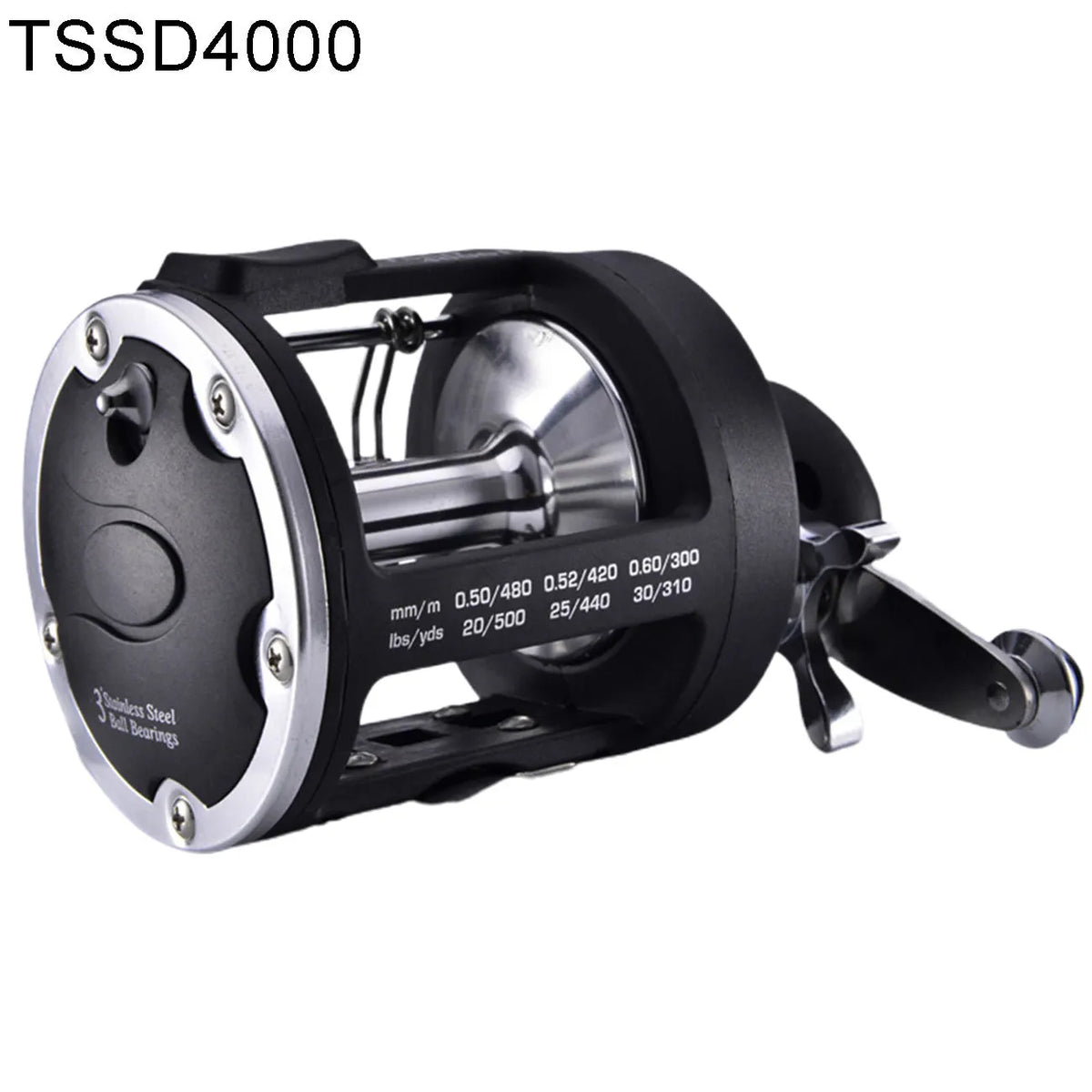 Black right-hand trolling fishing reel for saltwater, metal body, 3.8:1 gear ratio, star drag, 8.2 x 9.2cm