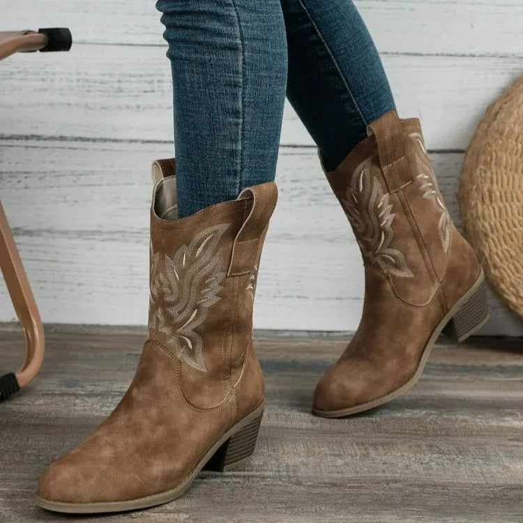 Women's suede mid-calf boots with V cut embroidered sleeve, chunky 3-5cm heel and pointed toe in Camel