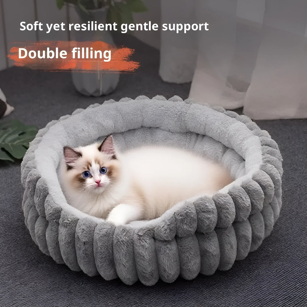 Round plush cloth cat bed with straight rabbit design, available in 40cm, 50cm and 60cm diameters and four colours