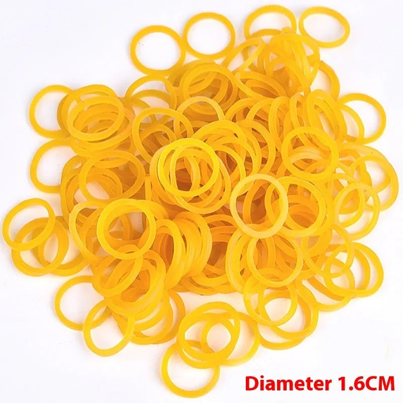 500g bulk pack of assorted yellow rubber bands in sizes from 25mm to 70mm diameter.