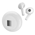White Wireless Budz5 Bluetooth earbuds and charging case on a grey surface, showing semi-in-ear design.