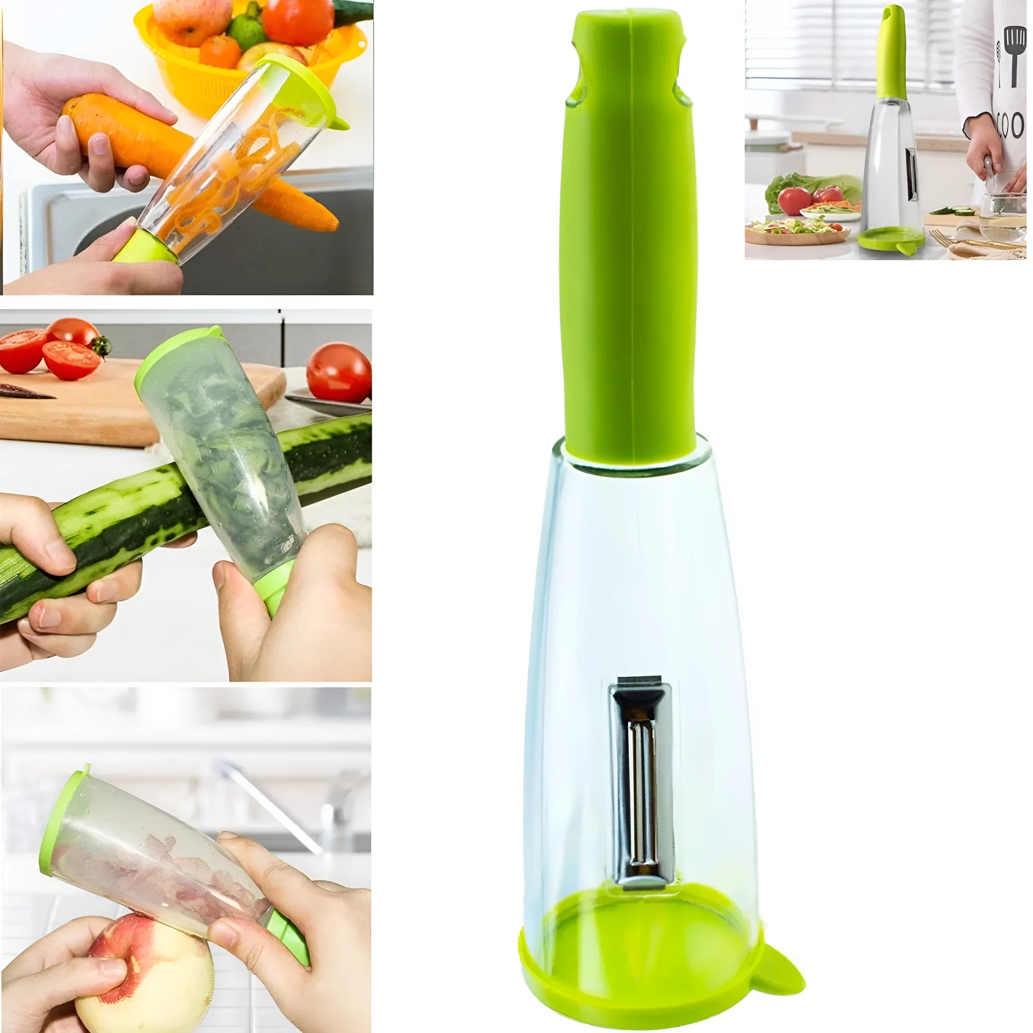 Multifunctional storage box peeler with transparent box and green handle, 21x8x8cm