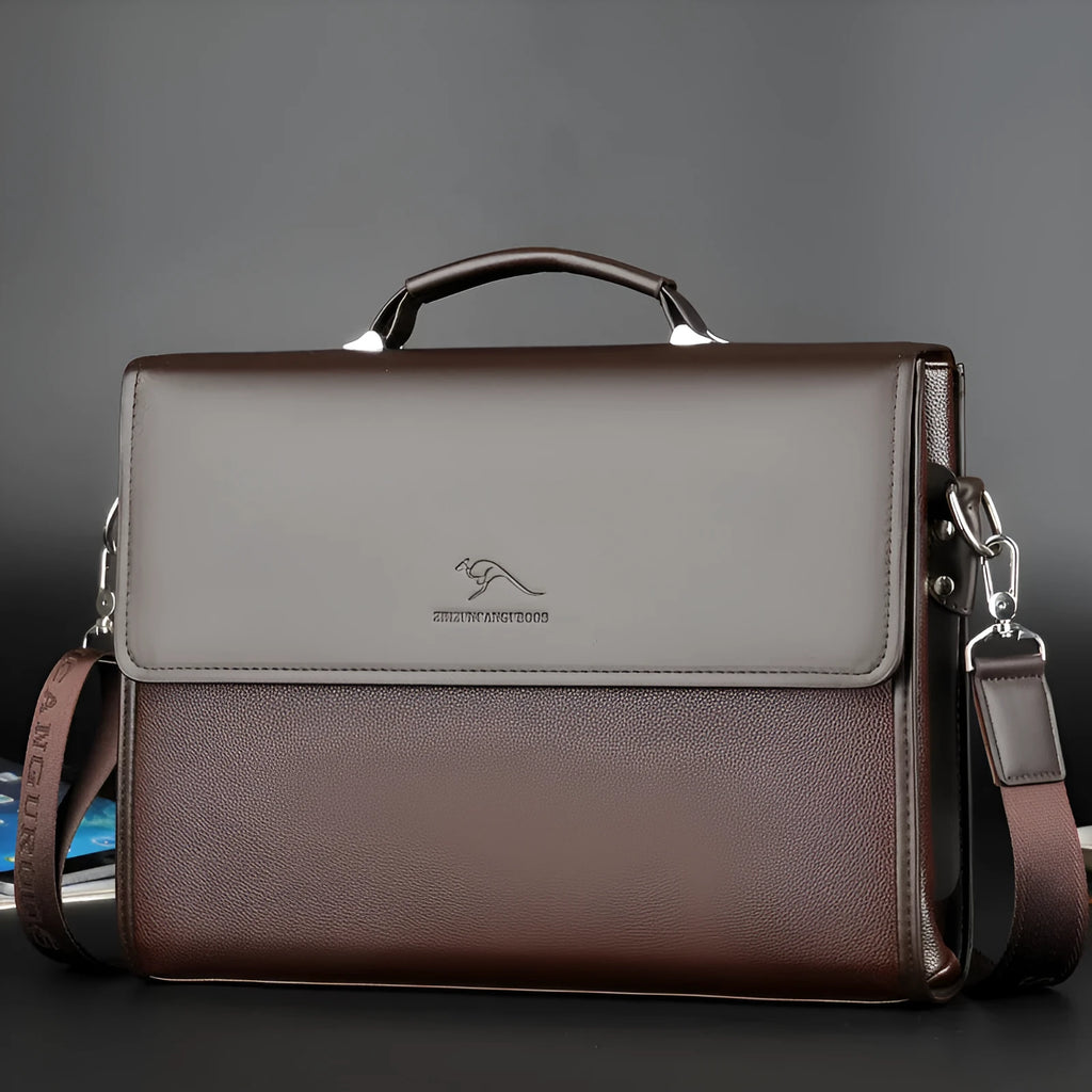 Men's PU leather business crossbody bag in brown portable small size with sewing thread details