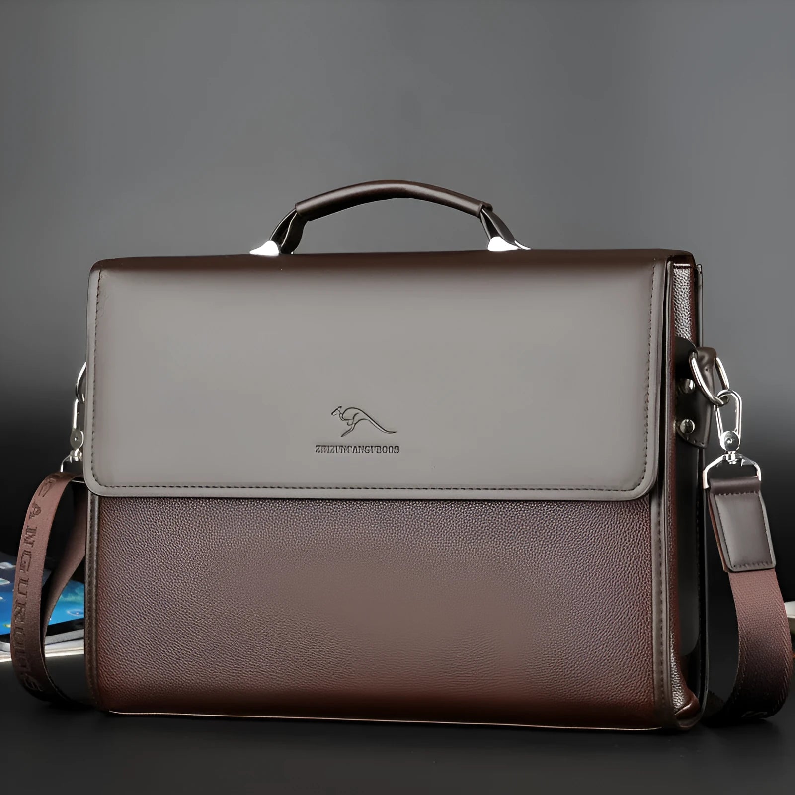 Men's PU leather business crossbody bag in brown portable small size with sewing thread details