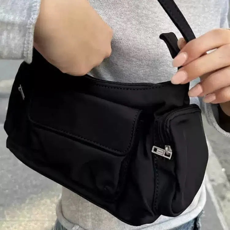 Black PU leather women's shoulder bag with double pockets showing side line design