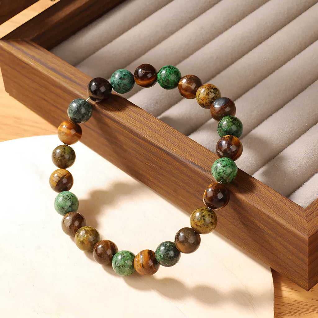 Handmade Tigereye fortune bracelet with natural stone and antique flower design in L1805 colour.