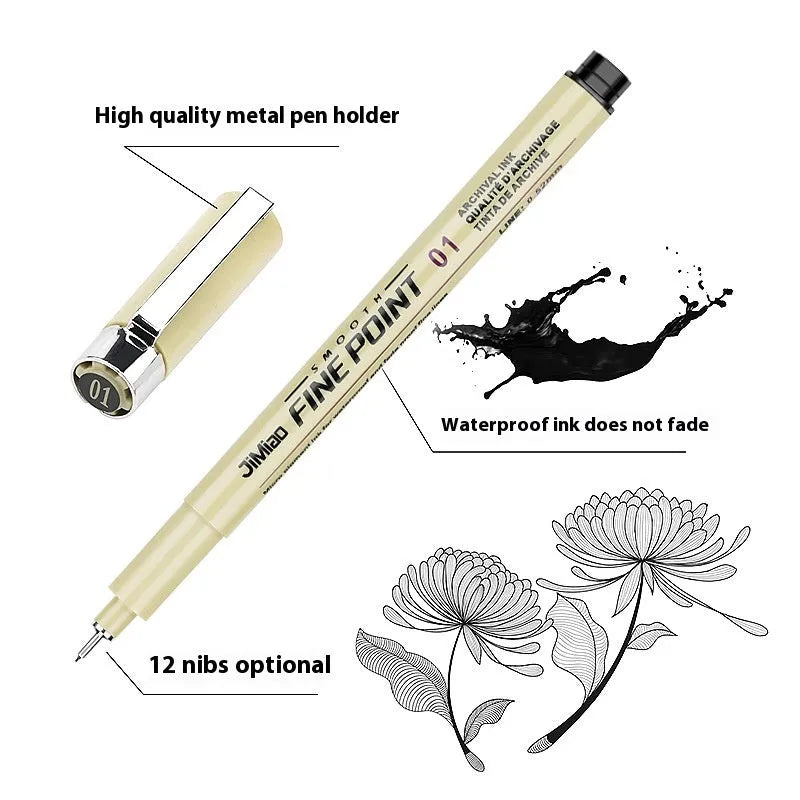 Black waterproof needle pen with plastic body for drawing and writing, showing 133mm length.