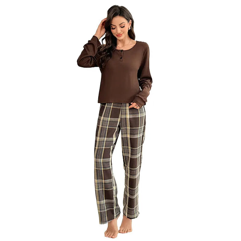 Milk silk plaid pants and button pullover set in Brown or Wine Red, sizes S to XXL